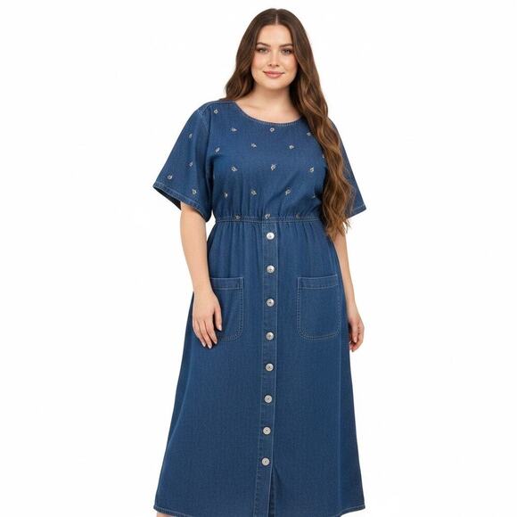 Erika & Co. Dresses & Skirts - Vintage Erika Co Embroidered Chambray Denim Midi Dress 1X Cotton Cottage Modest
